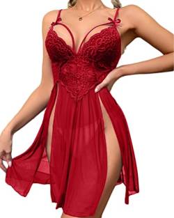 Minetom Sexy Negligee Babydoll Nachtwäsche 2-teiliges Spitze Dessous Kleid Nachthemd Lingerie Nachtkleid Reizwäsche und G-String Set B Weinrot L von Minetom