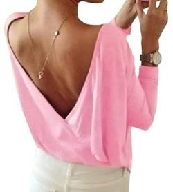 Minetom Sommer Damen Tops Oberteil Bluse Party Pullover Frühjahr Rundhals Langarm Bluse Rückenfrei Loose T Shirt Rosa DE 34 von Minetom