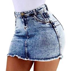 Minetom Sommer Stretch Jeans Minirock Damen Mode Jeans Röcke Sexy Bequeme Hohe Taille Denim Kurz Rock Mit Taschen A Blau XX-Large von Minetom