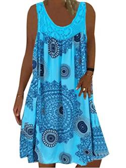 Minetom Sommerkleid Damen Rundhals Spitze Druck Strandkleid A-Linie Kleid Knielang Tunika Kleider Ärmellos T-Shirt Kleid A Hellblau XXL von Minetom