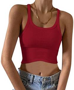 Minetom Spaghetti Top Damen Cropped Tops Gerippt Sexy Ärmellose T-Shirt Gerippte Tank Top Halter Hals U-Ausschnitt Camisole Basic Einfarbig Sommer Shirts Y2K Oberteile A Weinrot S von Minetom