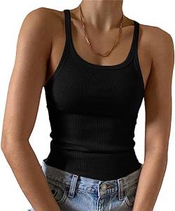 Minetom Spaghetti Top Damen Cropped Tops Gerippt Sexy Ärmellose T-Shirt Gerippte Tank Top Halter Hals U-Ausschnitt Camisole Basic Einfarbig Sommer Shirts Y2K Oberteile B Schwarz S von Minetom