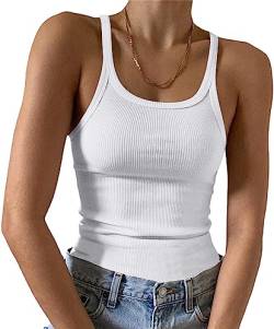 Minetom Spaghetti Top Damen Cropped Tops Gerippt Sexy Ärmellose T-Shirt Gerippte Tank Top Halter Hals U-Ausschnitt Camisole Basic Einfarbig Sommer Shirts Y2K Oberteile B Weiß XS von Minetom