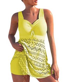 Minetom Spitze Tankini Damen Bauchweg Bademode Set Zweiteilig Push up mit Einstellbarer Badeanzug Oberteil Bikini Set Große Größen Strand Schwimmanzug A Gelb XXL von Minetom