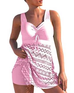 Minetom Spitze Tankini Damen Bauchweg Bademode Set Zweiteilig Push up mit Einstellbarer Badeanzug Oberteil Bikini Set Große Größen Strand Schwimmanzug A Rosa M von Minetom