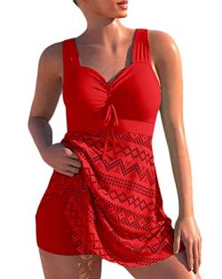 Minetom Spitze Tankini Damen Bauchweg Bademode Set Zweiteilig Push up mit Einstellbarer Badeanzug Oberteil Bikini Set Große Größen Strand Schwimmanzug A Rot 3XL von Minetom