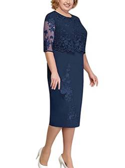 Minetom Spitzenkleid Damen Elegant Abendkleid Cocktailkleider Partykleider Brautjungfer Kleid Übergröße Midikleid A Marineblau XL von Minetom