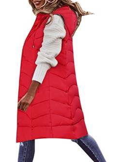 Minetom Steppweste Damen Lang Weste Ärmellos Warm Jacke Daunenweste Reißverschluss Lange Jacke mit Taschen Winter Outdoor Mantel Steppjacke A Rot XXL von Minetom