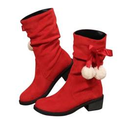 Minetom Stiefel Damen Weihnachten Wildleder Halbstiefel Schlupfschuhe Stiefel Übergangsstiefel Halbhohe Mit Blockabsatz Damenstiefel Mit Pompons Verziert A Rot 36 EU von Minetom