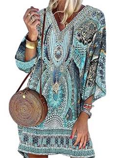 Minetom Strandkleider Damen Sommer Kurz Sexy V-Ausschnitt Bikini Cover Up Kleid Boho Tunikakleid Blumen Sommerkleid Swing Minikleid B Blau 38 von Minetom