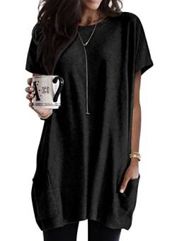 Minetom T-Shirt Damen Rundhals T Shirt Kurzarm Locker Lang Oberteil Einfarbig Longshirt Casual Lose Tshirt mit Tasche Elegant Pullover Sweatshirt Langarmshirt Tops Oversized Tshirts A Schwarz S von Minetom