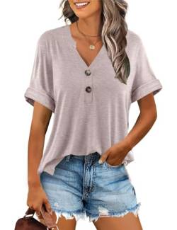 Minetom T-Shirt Damen V Ausschnitt Kurzarm T Shirt Basic Sommer Oberteile Knopfleiste Shirts Frauen Lockere Loose fit A Aprikose XXL von Minetom