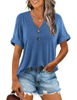 Minetom T-Shirt Damen V Ausschnitt Kurzarm T Shirt Basic Sommer Oberteile Knopfleiste Shirts Frauen Lockere Loose fit A Blau L von Minetom