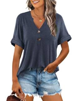 Minetom T-Shirt Damen V Ausschnitt Kurzarm T Shirt Basic Sommer Oberteile Knopfleiste Shirts Frauen Lockere Loose fit A Dunkelblau M von Minetom