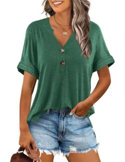 Minetom T-Shirt Damen V Ausschnitt Kurzarm T Shirt Basic Sommer Oberteile Knopfleiste Shirts Frauen Lockere Loose fit A Grün M von Minetom