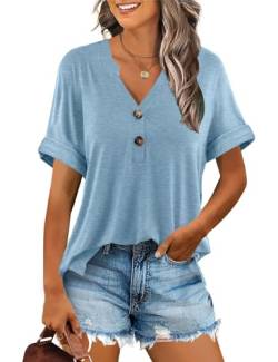 Minetom T-Shirt Damen V Ausschnitt Kurzarm T Shirt Basic Sommer Oberteile Knopfleiste Shirts Frauen Lockere Loose fit A Hellblau L von Minetom