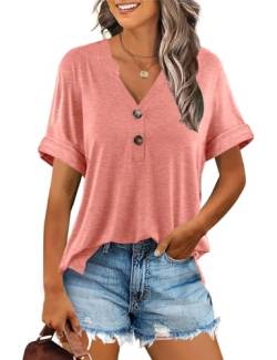 Minetom T-Shirt Damen V Ausschnitt Kurzarm T Shirt Basic Sommer Oberteile Knopfleiste Shirts Frauen Lockere Loose fit A Koralle XXL von Minetom