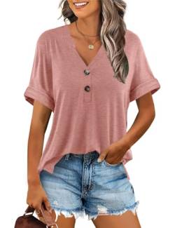 Minetom T-Shirt Damen V Ausschnitt Kurzarm T Shirt Basic Sommer Oberteile Knopfleiste Shirts Frauen Lockere Loose fit A Rose XL von Minetom