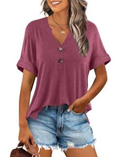 Minetom T-Shirt Damen V Ausschnitt Kurzarm T Shirt Basic Sommer Oberteile Knopfleiste Shirts Frauen Lockere Loose fit A Violett L von Minetom