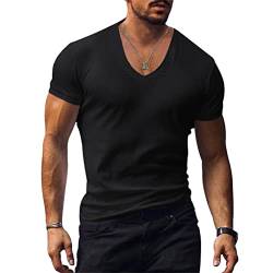 Minetom T-Shirt Herren Kurzarm T-Shirt V-Ausschnitt Slim Fit Stretch Einfarbiges Basic Shirt Manner Sportshirt Activewear A Schwarz L von Minetom