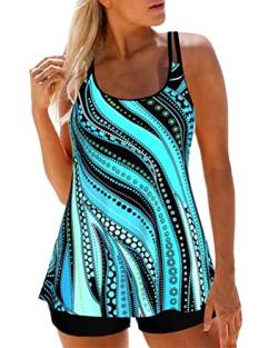 Minetom Tankini Damen Bauchweg Bademode Set Zweiteilig Badeanzug Strand Schwimmanzug Swimsuits Bikini Tank Top Shorts Oberteile und Badeshorts B Blau XXL von Minetom