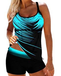 Minetom Tankini Damen Bauchweg Bademode Set Zweiteilig Große Größen Badeanzug Strand Schwimmanzug Swimsuits Bikini Tank Top und Shorts A Blau 3XL von Minetom