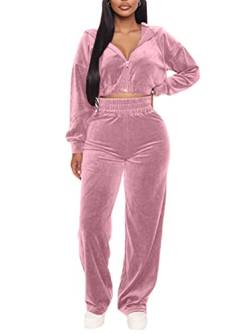 Minetom Trainingsanzug Damen Hausanzug Set Jogginganzug Samt Sportanzug Freizeitanzug 2 Teilig Kapuzenjacke Mantel Langarm Reißverschluss Sporthose Velours Hose Z1 Rosa 40 von Minetom