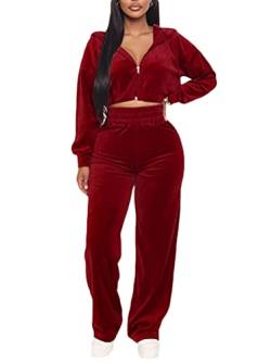 Minetom Trainingsanzug Damen Hausanzug Set Jogginganzug Samt Sportanzug Freizeitanzug 2 Teilig Kapuzenjacke Mantel Langarm Reißverschluss Sporthose Velours Hose Z1 Rot 36 von Minetom