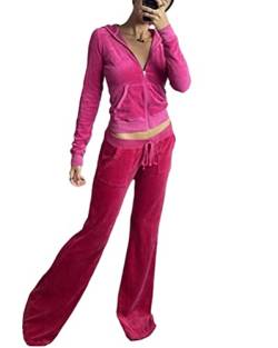 Minetom Trainingsanzug Damen Hausanzug Set Y2K Jogginganzug Velours Samt Sportanzug Freizeitanzug 2 Teilig Kapuzenjacke Langarm Zipper Lange Sporthose für Yoga Gym A Rosenrot M von Minetom