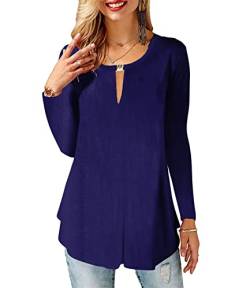 Minetom Tunika Damen Tshirt V-Ausschnitt Langarm Bluse Solide Longshirt Elegant Casual Lockere Lange Hemden Oberteile Blusen Tops A Dunkelblau S von Minetom