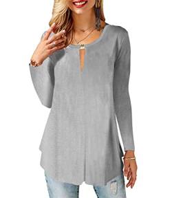 Minetom Tunika Damen Tshirt V-Ausschnitt Langarm Bluse Solide Longshirt Elegant Casual Lockere Lange Hemden Oberteile Blusen Tops A Grau XL von Minetom