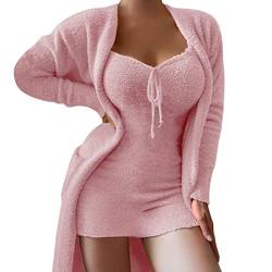 Minetom Winter Frühling Pyjamas Damen Mädchen Zweiteiliges Ensembles De Pyjama Warm Coral Fleece Samt Nachtwäsche Kapuzenpullover Jacke Crop Tank Top Und Nachthemd D Rosa S von Minetom