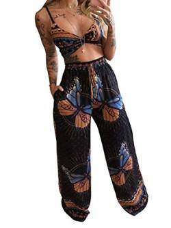 Minetom Zweiteiler Damen Boho Sommer 2 Teiler Crop Top und Hose Yoga Böhmen Schmetterlings Druck Party Outfits 2Pcs Set B Orange 36 von Minetom