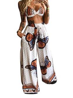 Minetom Zweiteiler Damen Boho Sommer 2 Teiler Crop Top und Hose Yoga Böhmen Schmetterlings Druck Party Outfits 2Pcs Set B Weiß 38 von Minetom