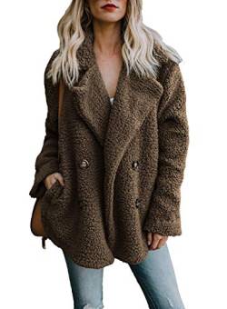 Minetow Damen Mantel Jacke Plüsch Winter Stepp Warmen Oversize Boyfriend Outwear Cardigan Lange Ärmel Einfarbig Parka Kaffee von Minetow