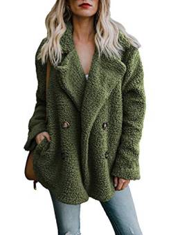 Minetow Damen Mantel Plüschjacke Winterjacke Steppjacke Vorne Öffnen Plüsch Warmen Oversize Boyfriend Outwear Cardigan Lange Ärmel Einfarbig Parka mit Taschen Grün DE 38 von Minetow