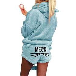 Minetow Herbst Winter Pyjamas Damen Mädchen Zweiteiler Ensembles de Pyjama Warm Coral Fleece Samt Nachtwäsche Süße Katze Weich Kapuzenpullover Hoodies und Shorts Blau DE 44 von Minetow