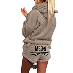 Minetow Herbst Winter Pyjamas Damen Mädchen Zweiteiler Ensembles de Pyjama Warm Coral Fleece Samt Nachtwäsche Süße Katze Weich Kapuzenpullover Hoodies und Shorts Khaki DE 46 von Minetow