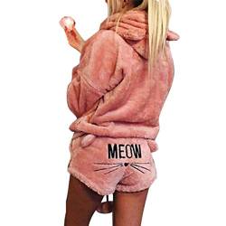 Minetow Herbst Winter Pyjamas Damen Mädchen Zweiteiler Ensembles de Pyjama Warm Coral Fleece Samt Nachtwäsche Süße Katze Weich Kapuzenpullover Hoodies und Shorts Rosa DE 38 von Minetow