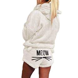 Minetow Herbst Winter Pyjamas Damen Mädchen Zweiteiler Ensembles de Pyjama Warm Coral Fleece Samt Nachtwäsche Süße Katze Weich Kapuzenpullover Hoodies und Shorts Weiß DE 38 von Minetow