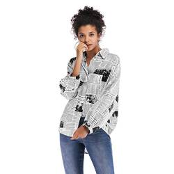 Mingdoo Damen Zeitungshemd Briefdruck Reverskragen Blusen Button-Down Langarm Hoher-Niedriger Saum Drucken Tops - Schwarz, CN M von Mingdoo