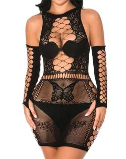 Mingnos Damen Fischnetz Dessous Sexy Netz Hohl Out Teddy Nachtwäsche Transluzente Mini Spitze Babydoll Kleid One Size mit Handschuhen Schwarz von Mingnos