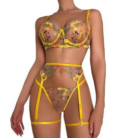 Mingnos Floral Stickerei Dessous Set für Damen Sexy Reizwäsche Bügel BH und G-String mit Strumpfband Gürtel Gelb, L von Mingnos