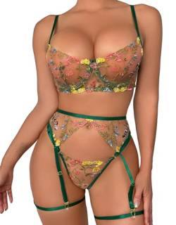 Mingnos Floral Stickerei Dessous Set für Damen Sexy Reizwäsche Bügel BH und G-String mit Strumpfband Gürtel Grün, L von Mingnos