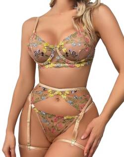 Mingnos Floral Stickerei Dessous Set für Damen Sexy Reizwäsche Bügel BH und G-String mit Strumpfband Gürtel Khaki, L von Mingnos