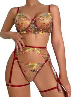 Mingnos Floral Stickerei Dessous Set für Damen Sexy Reizwäsche Bügel BH und G-String mit Strumpfband Gürtel Weinrot, S von Mingnos