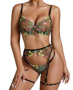 Mingnos Floral Stickerei Dessous Set für Damen Sexy Underwire BH und Schiere Tanga mit Strumpfband Gürtel Schwarz, L von Mingnos