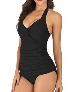 Mingnos Halfter Tankini Sets für Damen Bauchweg Bademode V-Ausschnitt Badeoberteile Slim Ruched Zweiteilige Badeanzüge (Schwarz, M) von Mingnos