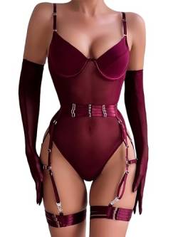 Mingnos Sexy Dessous Damen Für Sex Netz Bodys Unterwäsche Festival Rave Outfit Strapsen Reizwäsche Bügel BH und Strumpfband mit Handschuhen 3Teilig Rot, L von Mingnos