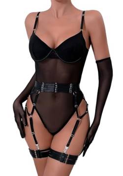 Mingnos Sexy Dessous Damen Für Sex Netz Bodys Unterwäsche Festival Rave Outfit Strapsen Reizwäsche Bügel BH und Strumpfband mit Handschuhen 3Teilig Schwarz, S von Mingnos